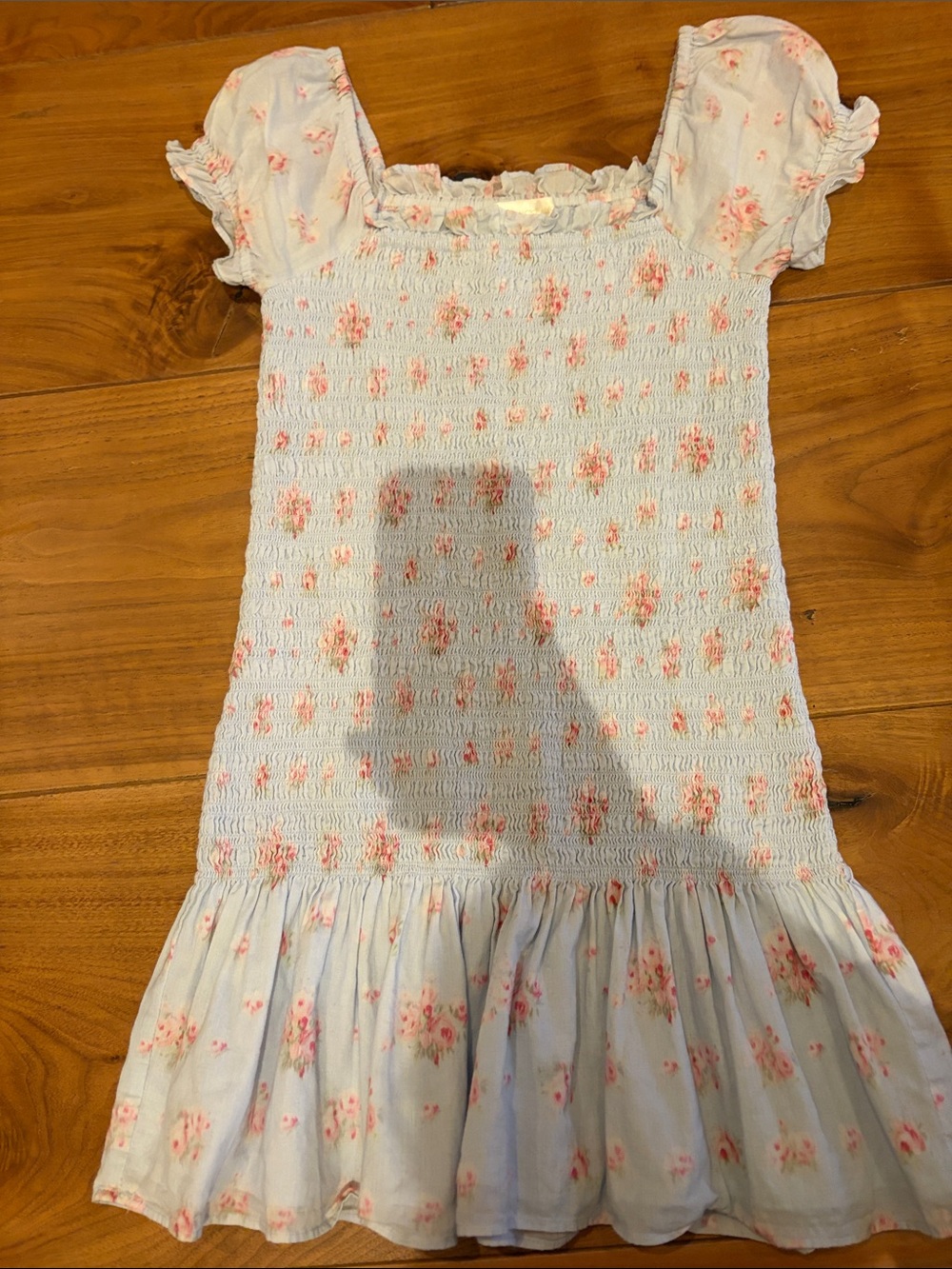 LoveShackFancy Light Blue Floral Smocked Dress with Pink Roses